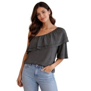 DO+BE Womens Charcoal Grey One Shoulder Ruffle Bell Sleeve Blouse Top Small NWT